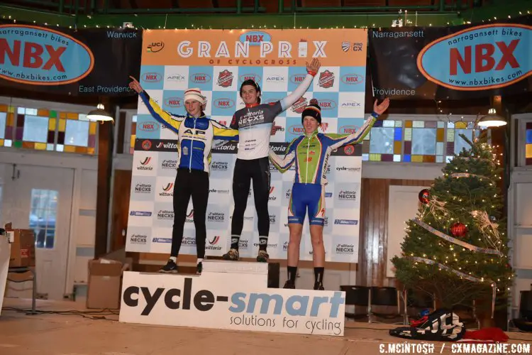 Junior Men 15-18 Vittoria Series podium, Kevin Goguen, Greg Gunsalus, and Tyler Clark. © Chris McIntosh / Cyclocross Magazine