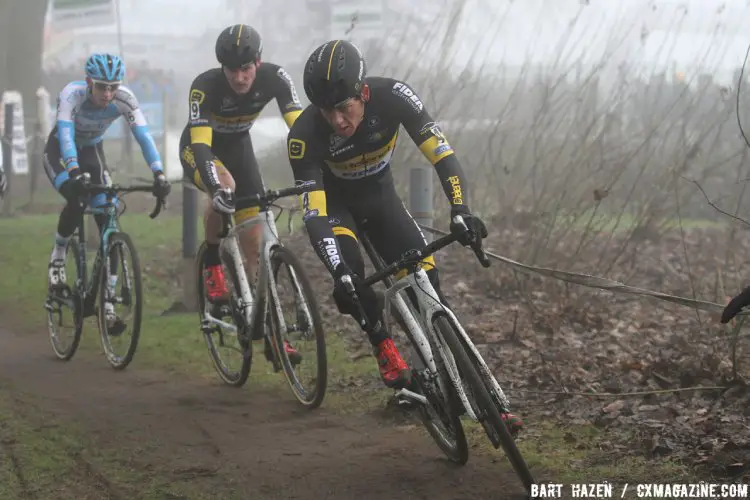 Tom Meeusen and Telenet Fidea Lions teammate Corne van Kessel on course at the 2016 Azencross Elite Men's race. © Bart Hazen / Cyclocross Magazine