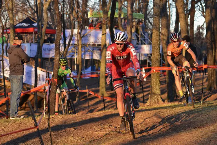 Troy Wells (Team Clif Bar) leads Yannick Eckmann (Boulder CycleSport/YogaGlo) - Day 2 of the 2016 Ruts 'N Guts. © Christina Luera / Cyclocross Magazine