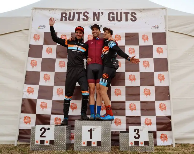 Elite Men's podium Day 2 of Ruts 'N Guts. Tobin Ortenblad (first), Travis Livermon (second) and Kerry Werner (third). © Christina Luera / Cyclocross Magazine