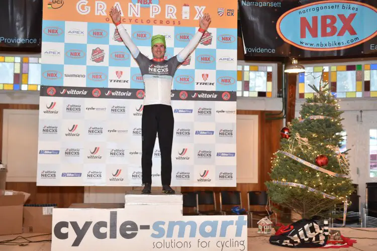 Curtis White (Cannondale p/b Cyclocrossworld.com) on the top step of the podium for NBX Day 2. © Chris McIntosh / Cyclocross Magazine