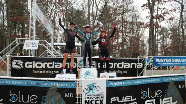 NCGP Day 2 Elite Women's podium: Arley Kemmerer (first), Cassandra Maximenko (second), Hannah Arensman (third). © Laura Rice