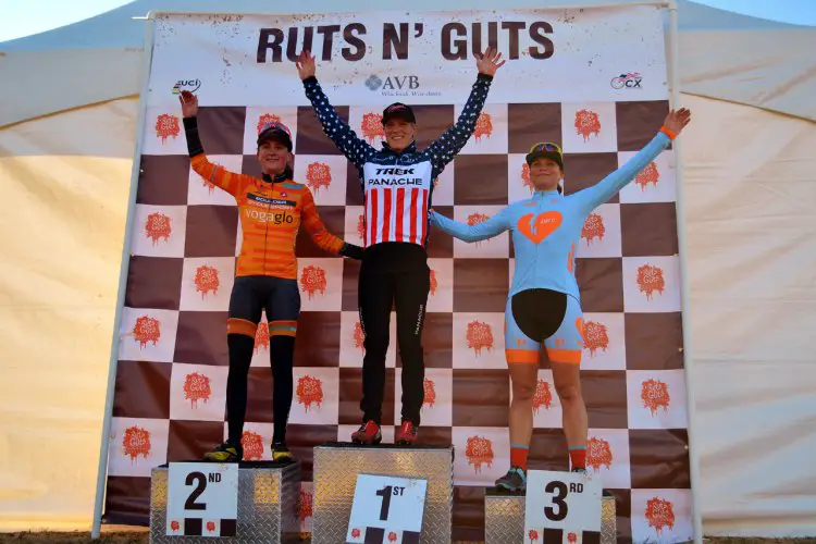 Elite Women's podium Day 2 of Ruts 'N Guts. Katie Compton (first), Amanda Miller (second) and Rebecca Fahringer (third). © Christina Luera / Cyclocross Magazine