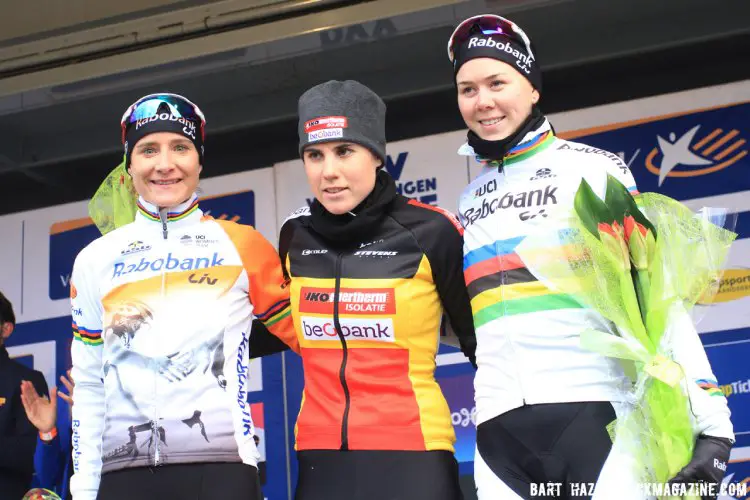 Elite Women's Podium: Sanne Cant (first), Marianne Vos (second), Thalita de Jong (third) 2016 Azencross Elite Women's race. © Bart Hazen / Cyclocross Magazine