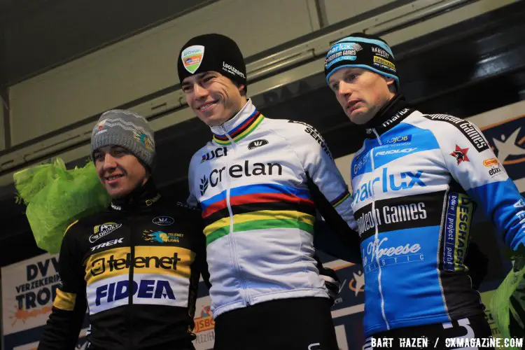 Elite Men's podium: Wout van Aert (first), Tom Meeusen (second), Kevin Pauwels (third). 2016 Azencross Elite Men's race. © Bart Hazen / Cyclocross Magazine