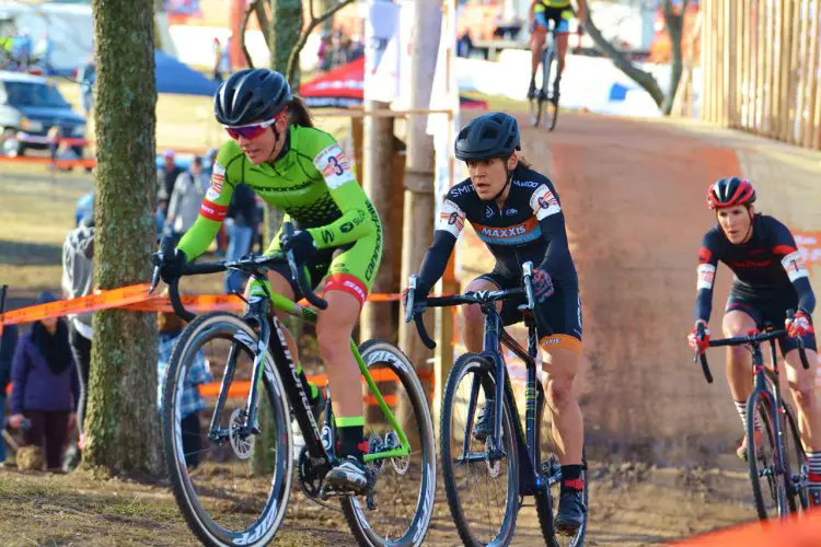 Katie Antonneau (Cannondale/Cyclocrossworld.com) leads Crystal Anthony (Maxxis-Shimano) and Sunny Gilbert (Michelob Ultra/Big Shark) 2016 Ruts 'N Guts. © Christina Luera / Cyclocross Magazine