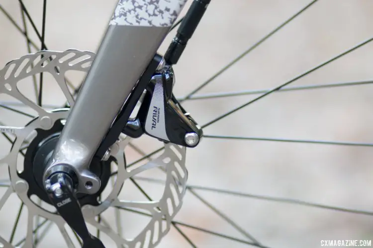 Flat-mount disc brakes up front and out back. Bombtrack Hook EXT cyclocross / gravel / adventure bike. © Cyclocross Magazine