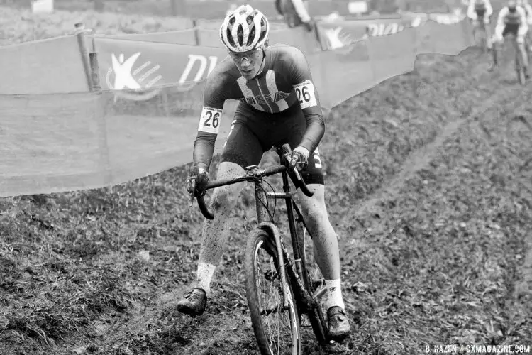 Ross Ellwood on the infamous off-camber ruts, on his way to 42nd, finishing on the lead lap. 2016 UCI Cyclocross World Cup Junior Men. © B. Hazen / Cyclocross Magazine
