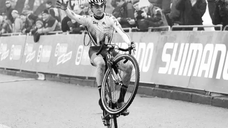 Brit sensation Pidcock had time for a wheelie and then some. 016 UCI Cyclocross World Cup Junior Men. © B. Hazen / Cyclocross Magazine