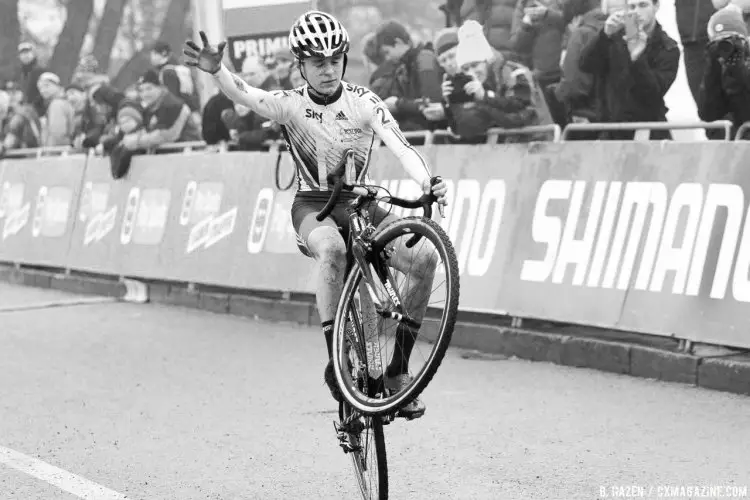 Brit sensation Pidcock had time for a wheelie and then some. 016 UCI Cyclocross World Cup Junior Men. © B. Hazen / Cyclocross Magazine