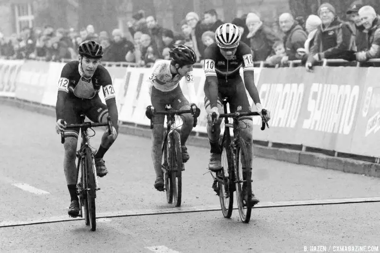 The three-way battle for second was good one, with the two Frenchmen beating Fontana to the line. 2016 UCI Cyclocross World Cup Junior Men. © B. Hazen / Cyclocross Magazine