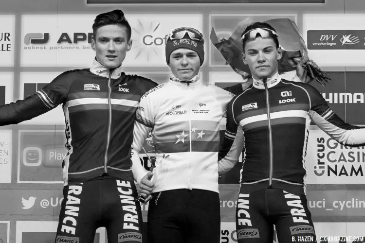 L to R: Antoine Benoist, Thomas Pidcock, Maxime Bonsergent. 2016 UCI Cyclocross World Cup Junior Men. © B. Hazen / Cyclocross Magazine