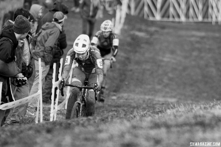 Turner Ramsay leading Katie Clouse in the Junior Women 15-16 race before Clouse turned the tables. 2016 Cyclocross National Championships. © A. Yee / Cyclocross Magazine
