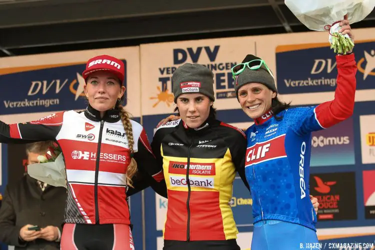 L to R: Sophie de Boer, Sanne Cant, Katerina Nash. 2016 Soudal Scheldecross women's race. Antwerp. © B. Hazen / Cyclocross Magazine