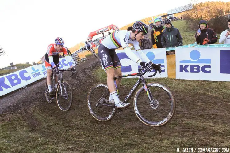 It looked to be a two-man duel to the end until Wout Van Aert opened up final gap. 2016 Hansgrohe Superprestige Spa-Francorchamps. Elite Men's race. © B. Hazen / Cyclocross Magazine