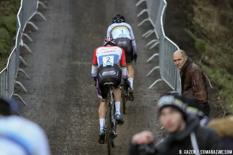 Wout van Aert ended Mathieu van der Poel's Superprestige win streak. 2016 Hansgrohe Superprestige Spa-Francorchamps. Elite Men's race. © B. Hazen / Cyclocross Magazine