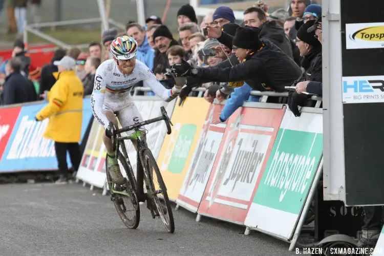 Stephen Hyde excited with his 10th place finish. 2016 Hansgrohe Superprestige Spa-Francorchamps. Elite Men's race. © B. Hazen / Cyclocross Magazine