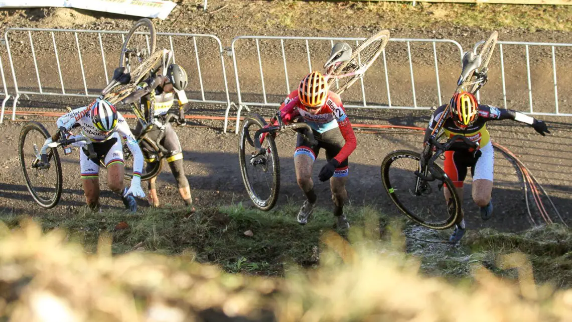 De Jong, Majerus, Cant climb the super steep run-ups of the 2016 Hansgrohe Superprestige Spa-Francorchamps. Elite Women. © B. Hazen / Cyclocross Magazine