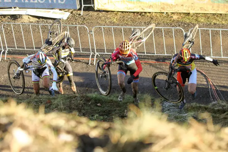 De Jong, Majerus, Cant climb the super steep run-ups of the 2016 Hansgrohe Superprestige Spa-Francorchamps. Elite Women. © B. Hazen / Cyclocross Magazine