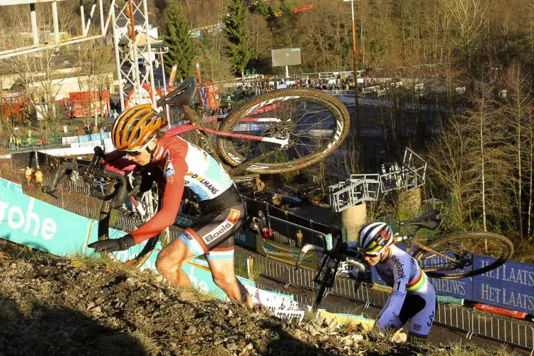 Christine Majerus leads De Jong up the run-up early on in the race. 2016 Hansgrohe Superprestige Spa-Francorchamps Women. © B. Hazen / Cyclocross Magazine