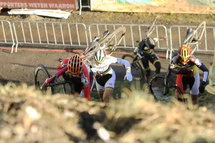 The run-ups required more than just legs to make it up. 2016 Hansgrohe Superprestige Spa-Francorchamps Women. © B. Hazen / Cyclocross Magazine