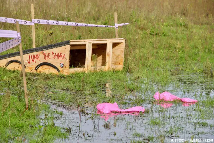 Jumping the shark into a pool of flamingos. The 10th SSCXWC in Portland, 2016. © M. Estes / Cyclocross Magazine