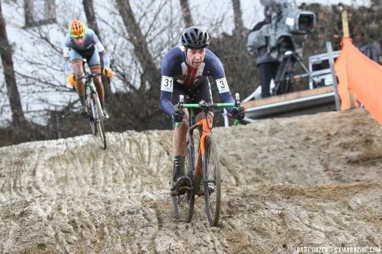 Maxx Chance on the brakes through the downhill sandpit. 2016 Zolder Cyclocross World Cup - U23 Men. © Bart Hazen / Cyclocross Magazine