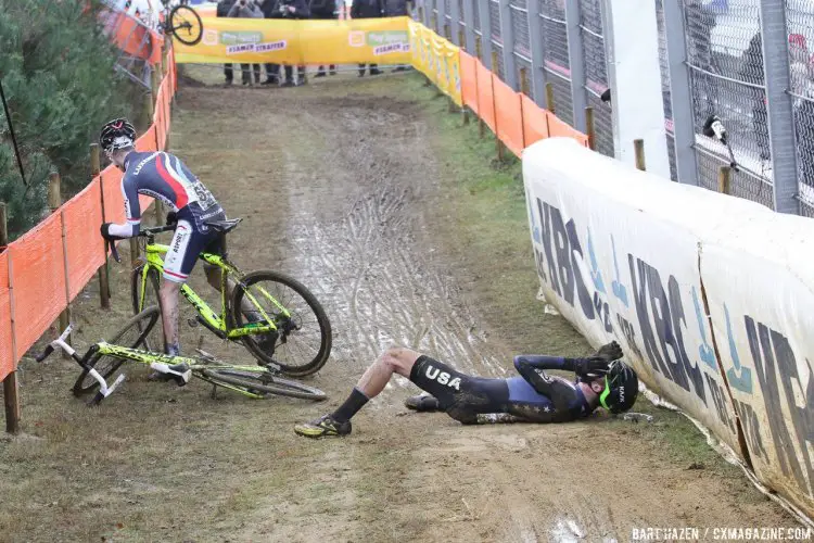 Eric Brunner (USA) and Felix Keiser (LUX) had a bit of contact as this sequence shows. 2016 Zolder Cyclocross World Cup - U23 Men. © Bart Hazen / Cyclocross Magazine