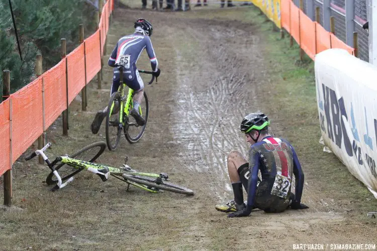 Eric Brunner (USA) and Felix Keiser (LUX) had a bit of contact as this sequence shows. 2016 Zolder Cyclocross World Cup - U23 Men. © Bart Hazen / Cyclocross Magazine