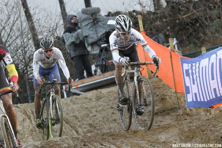 Eli Iserbyt (BEL) leads Gioele Bertolini (ITA) through the downhill. 2016 Zolder Cyclocross World Cup - U23 Men. © Bart Hazen / Cyclocross Magazine