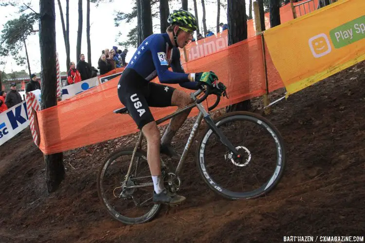 American Gage Hecht on his Moots. 2016 Zolder Cyclocross World Cup - U23 Men. © Bart Hazen / Cyclocross Magazine