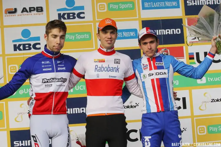 Zolder U23 Men's Podium: Joris Nieuwenhuis (NED) first, Clement Russo (FRA) second, Adam Toupalik (CZE) third. 2016 Zolder Cyclocross World Cup - U23 Men. © Bart Hazen / Cyclocross Magazine