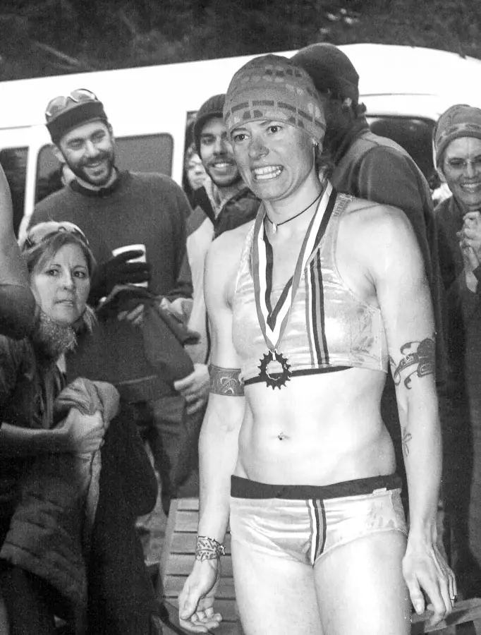 Wendy Williams struck gold in the form of the first-ever SSCXWC women's title, the Golden Speedo, and a tattoo. TBT: First annual Singlespeed Cyclocross World Championships - SSCXWC 2007. © David Roth