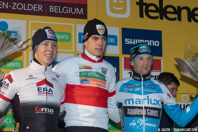 2016 Heusden-Zolder Cyclocross World Cup podium. Sweeck, Van Aert and Pauwels. Elite Men. © B. Hazen / Cyclocross Magazine