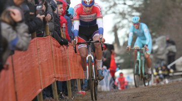 Mathieu van der Poel overcame a slow start and shoe mechanical to sit in second, but would suffer another mechanical and fade outside the top ten. 2016 Heusden-Zolder Cyclocross World Cup. Elite Men. © B. Hazen / Cyclocross Magazine