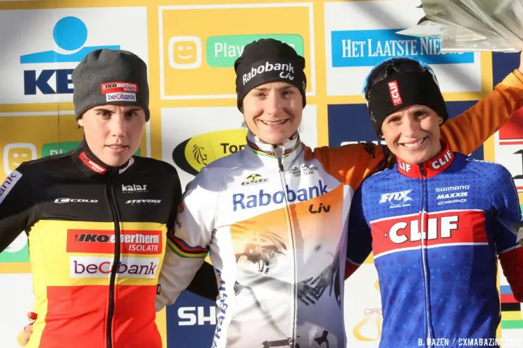 2016 Heusden-Zolder Cyclocross World Cup, Elite Women's podium was a repeat of Diegem - Sanne Cant, Marianne Vos and Katerina Nash. © B. Hazen / Cyclocross Magazine