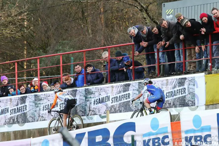 The tricky off-camber kept riders on their toes, often literally. 2016 Heusden-Zolder Cyclocross World Cup, Elite Women. © B. Hazen / Cyclocross Magazine