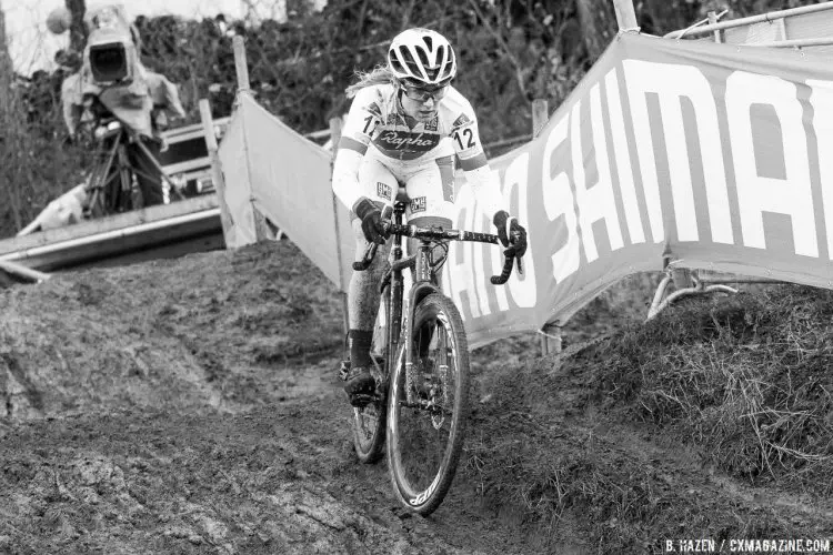 Ellen Noble (USA) rips through the muddy downhill section. 2016 Zolder World Cup Elite Women. © B. Hazen / Cyclocross Magazine