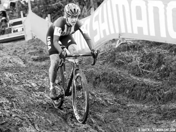 Emma White (USA) holds on at the 2016 Zolder World Cup Elite Women's race. © B. Hazen / Cyclocross Magazine