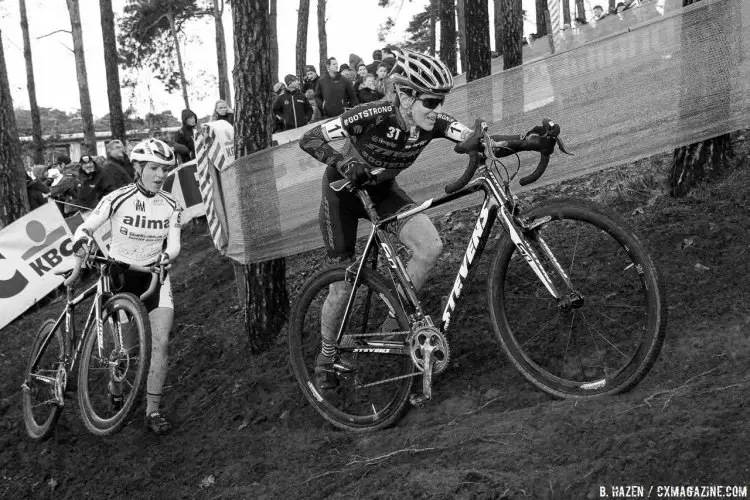 An always smiling Chritine Vardaros (USA) pushing up the hill ahead of Mara Schwager (GER). 2016 Zolder World Cup Elite Women's race. © B. Hazen / Cyclocross Magazine