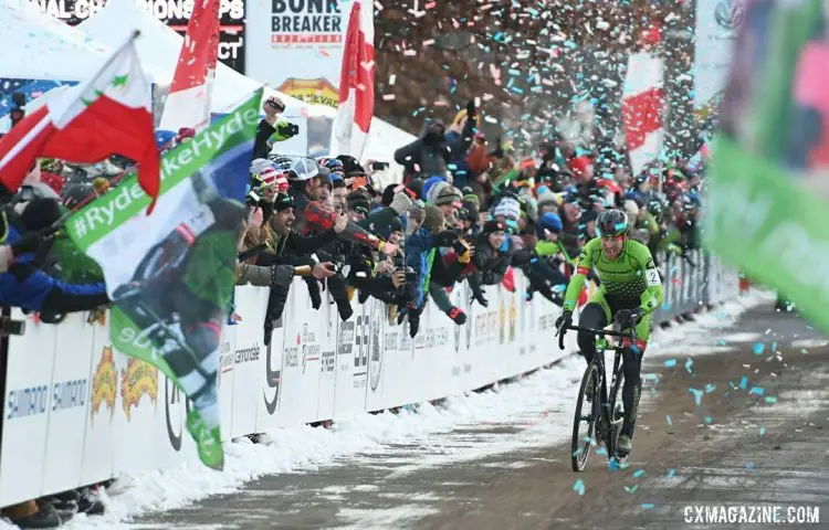 Stephen Hyde started slow but worked his way to the front in short order. He methodically built up a lead. Little did anyone know that he would need every second of that lead at the finish. 2017 Cyclocross National Championships, Elite Men. © A. Yee / Cyclocross Magazine