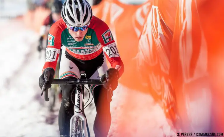 Men's junior race was another nailbiter, especially once Denzel Stephenson lost his left crank and had to chase Maher to regain the lead. 2017 Cyclocross National Championships, © D. Perker / Cyclocross Magazine