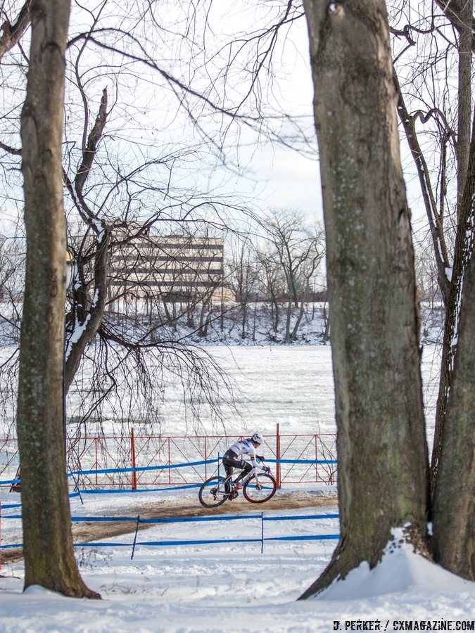 It's hard for a then 12-time champion to have a stealth ride, but it was pretty hard to spot Katie Compton in her Pan American champion's kit against the snow. 2017 Cyclocross National Championships, © D. Perker / Cyclocross Magazine