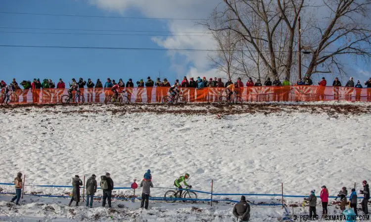 Flip flop. Yannick Eckmann took the low line on lap one to an early lead while Hyde went high. On lap two, the two switched. Perhaps the (burried) grass was greener? 2017 Cyclocross National Championships, © D. Perker / Cyclocross Magazine