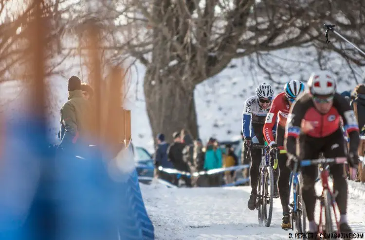 Three generations of New England-based cyclocross stars. Jonathan Page, James Driscoll and Jack Kisseberth rode their way into 6th, 2nd and 4th places respectively. Page and Driscoll now live in Utah. Will Kisseberth end up there in ten years? 2017 Cyclocross National Championships, © D. Perker / Cyclocross Magazine