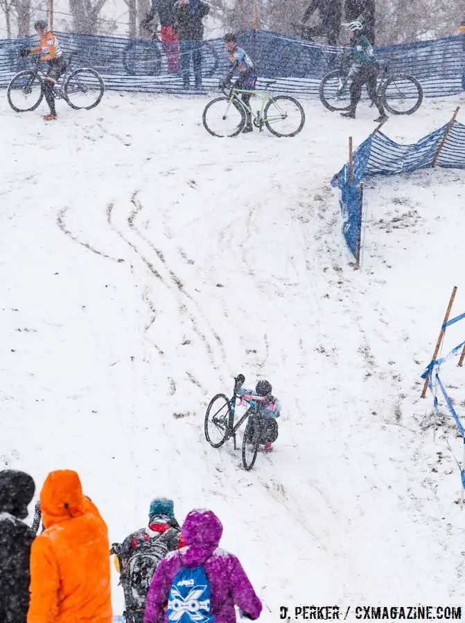 Lapped racers watched each other to figure out the fastest or safest way to get down the hill. 2017 Cyclocross National Championships, © D. Perker / Cyclocross Magazine