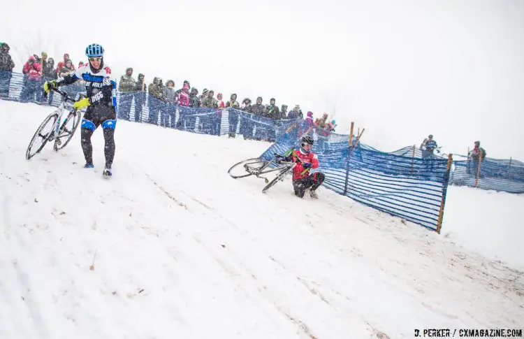 Proven today: knee dragging is faster then running down Bonkbreaker. 2017 Cyclocross National Championships, © D. Perker / Cyclocross Magazine