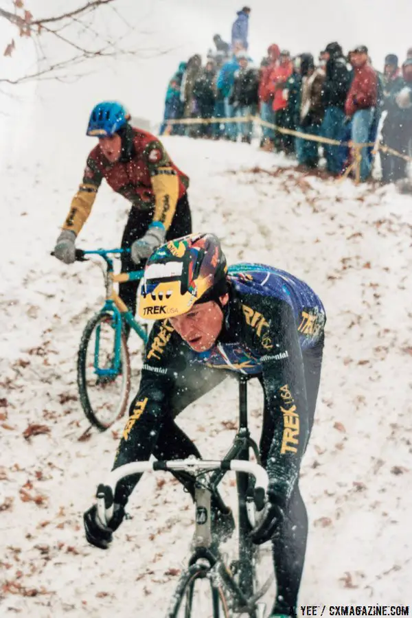 Northern California-based racers Don Myrah and Justin Robinson braving the New England snow. Robinson still races, and landed two podiums in Hartford, 21 years later. © A. Yee