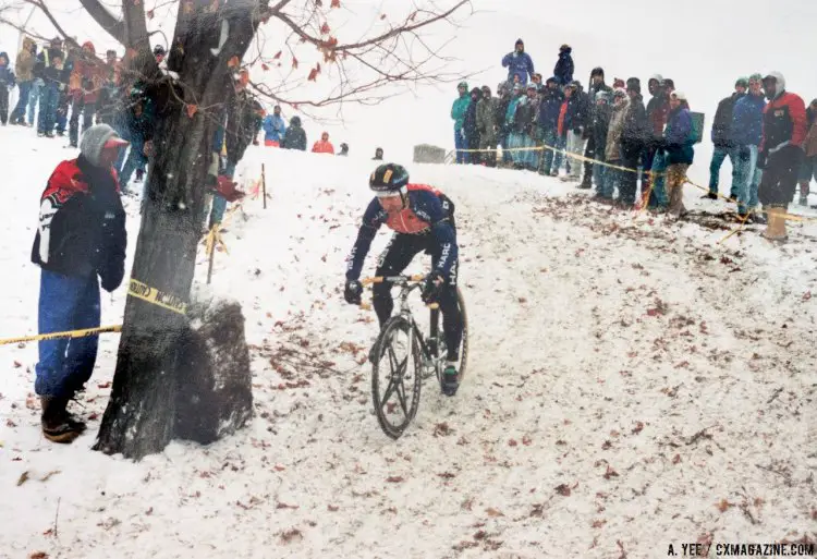 Jan Wiejak in control on his Alan aluminum cyclocross bike with Spinergy wheels and tubular tires. The 1995 Cyclocross National Championships in Leicester, Mass. © A. Yee