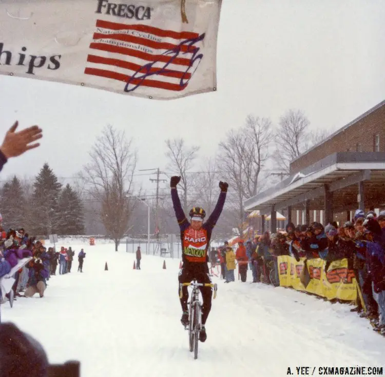 Jan Wiejak taking the win in a snow storm at the 1995 Cyclocross National Championships in Leicester, Mass. © A. Yee